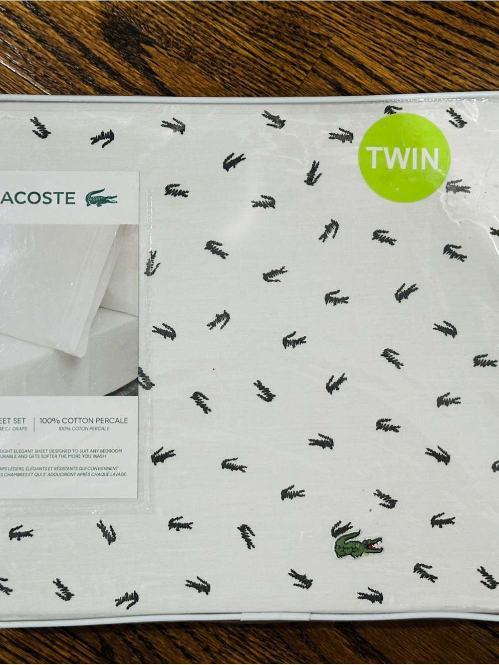 Lacoste Twin Cotton Percale Sheet Set — White with Black & Green Logo New